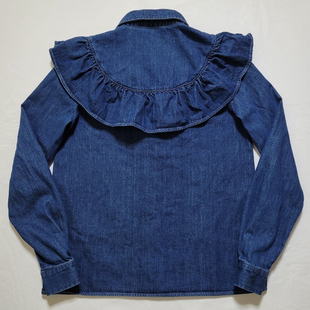Sezane Denim Ruffle Blouse Top Long Sleeve Blue Romantic French Size 34 Western - Picture 2 of 10